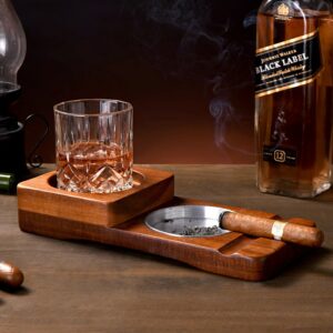 Wooden Cigar Ashtray & Whiskey Glass Tray - Great Gift