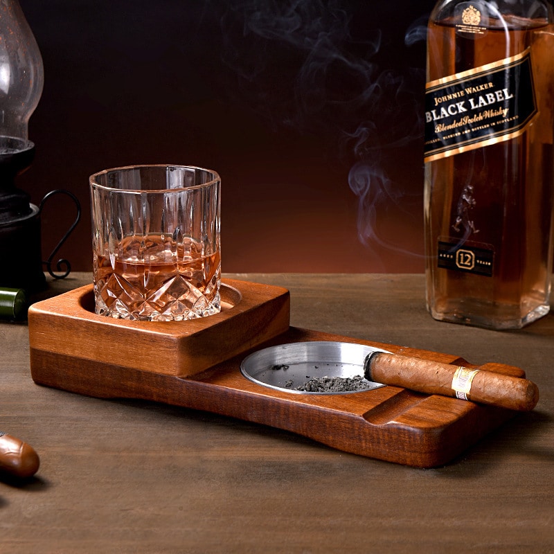 "2 In 1" - Wooden Cigar Ashtray & Whiskey Glass Tray - Great Gift