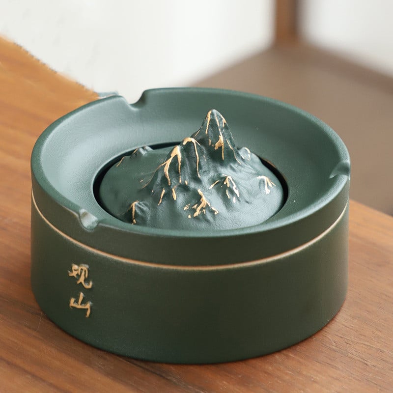 mountain shape Ceramic Outdoor Ashtray With Lid green