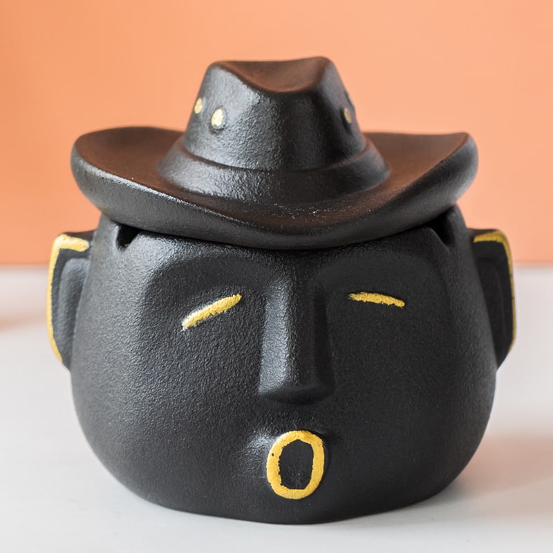 "Cowboy Face" - Black cute Ceramic Ashtray With Cover