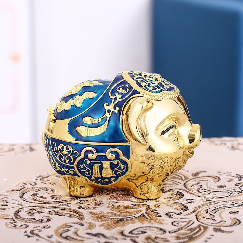 "Smiling Pig" - Metal Ashtray With Lid - Home Decoration