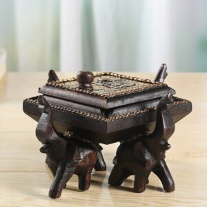 Handmade Wood Ashtray With Lid - Thai Elephants