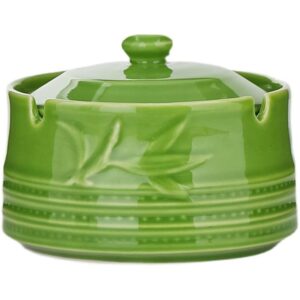 Ashtray With Lid For Garden Green Ceramic On White Background