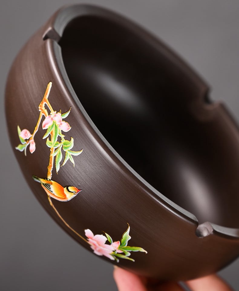 Beautiful Large Brown Ceramic Ashtray With Painting