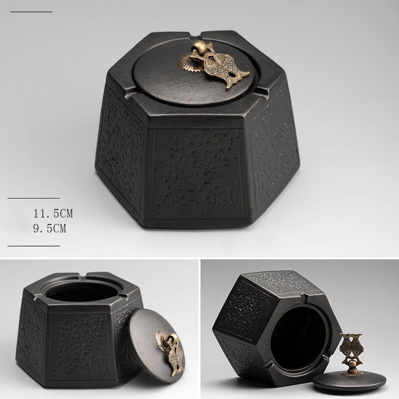 Black Ceramic Ashtray With Copper Handle On Lid