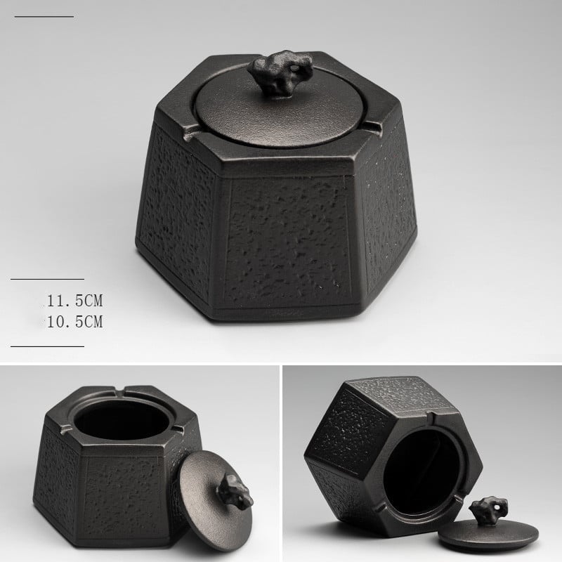 Black Ceramic Ashtray With Cover Hexoganal Shape