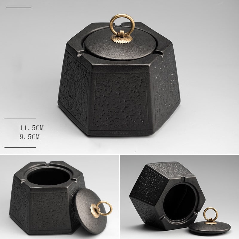 Black Ceramic Ashtray With Ring Handle On Lid