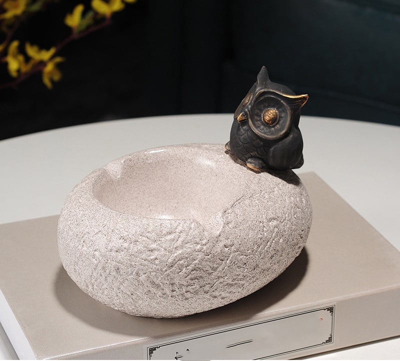 Black Owl Ceramic Ashtray Oriental Style