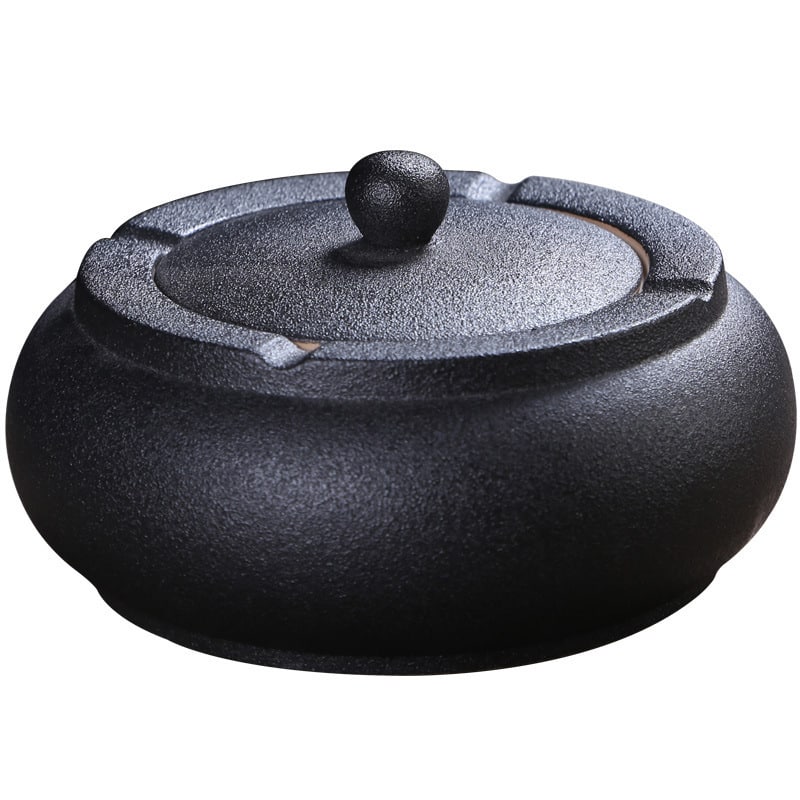Black Round Ceramic Ashtray With Lid On White Background