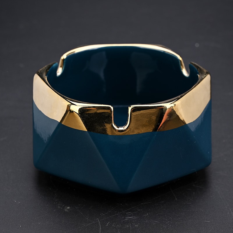 Blue Ceramic Ashtray With Golden Border