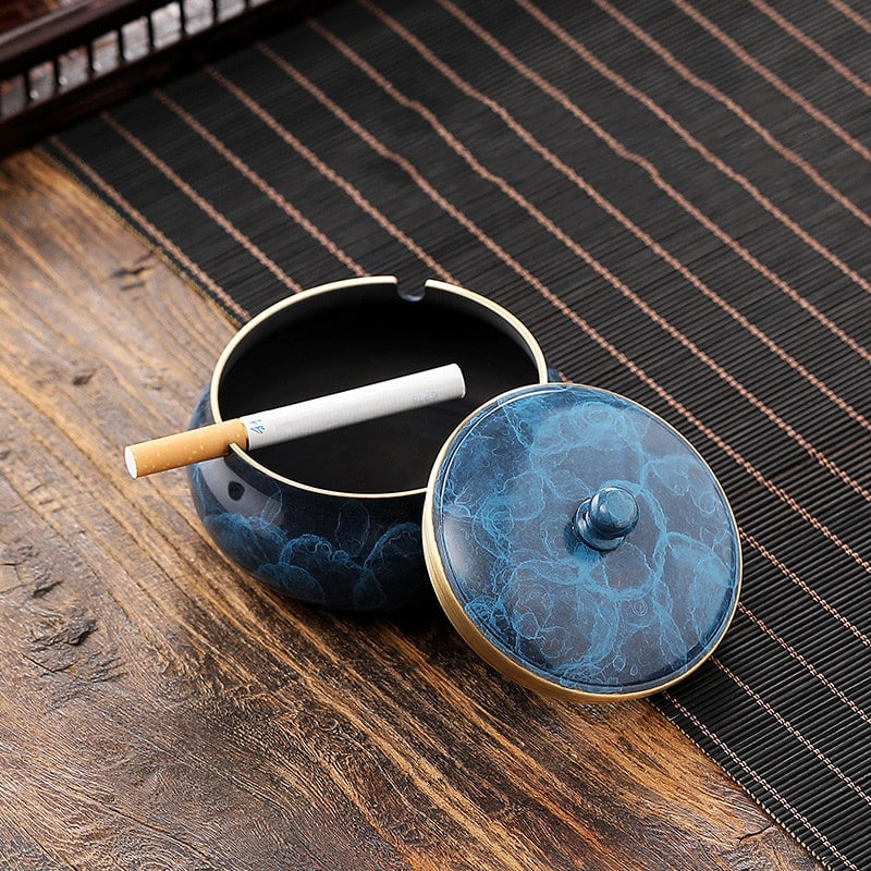 Blue Small Metal Ashtray With Lid