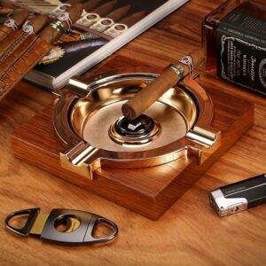 Cigar Ashtray - Cedar Wood - Golden Metal Tray