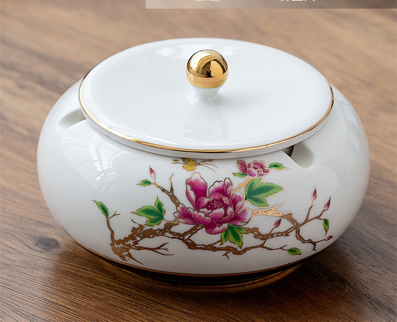 Ceramic Ashtray White Luxury With Flower Painting