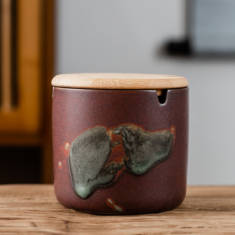 Ceramic Ashtray With Cover Dark Red Tall