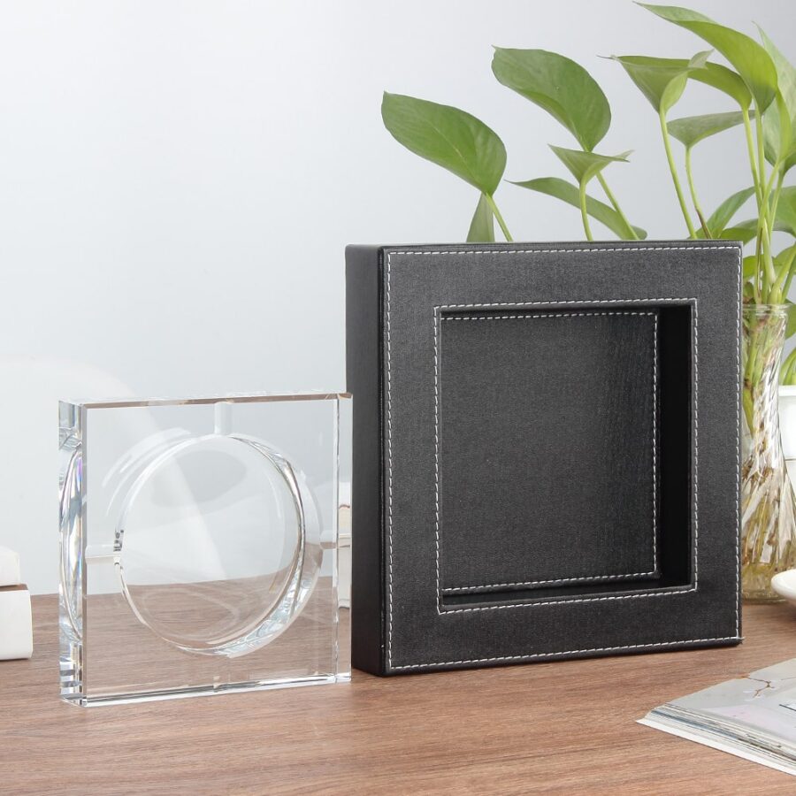 Classy Large Crystal Glass Ashtray With Leather Frame