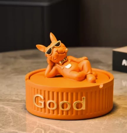 Cool Bulldog Ashtray Orange Resin With Lid