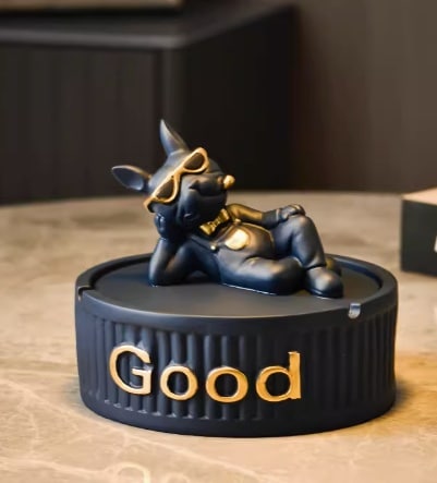 Cool Bulldog Resin Ashtray Blue With Lid