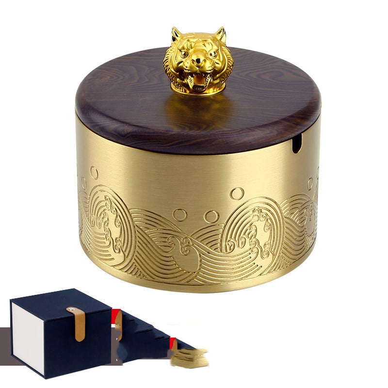 Copper Ashtray With Wooden Lid And Tiger Knob