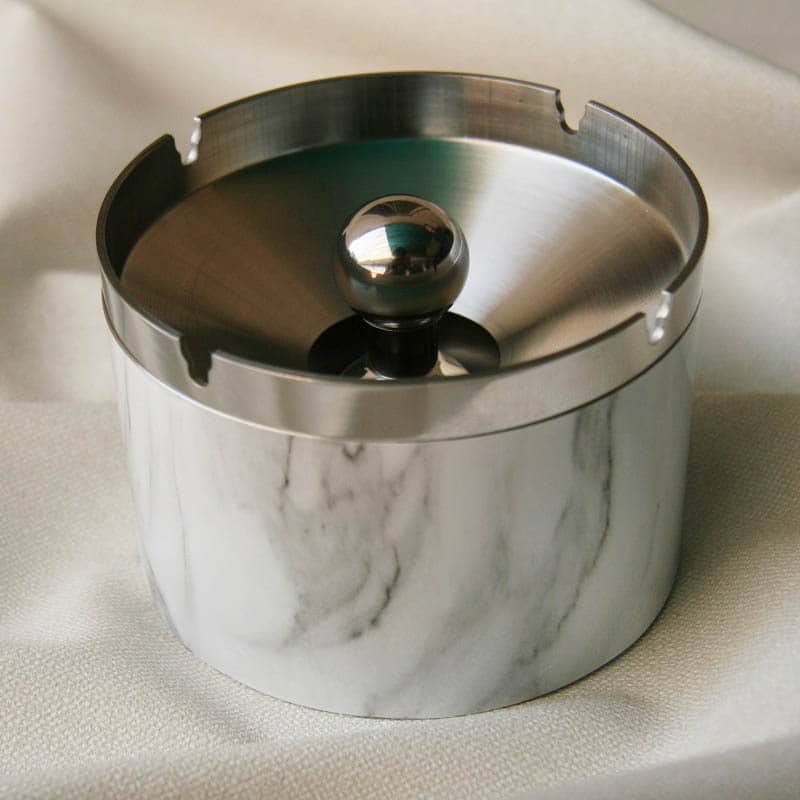 Covered Metal Ashtray With Marble Painting