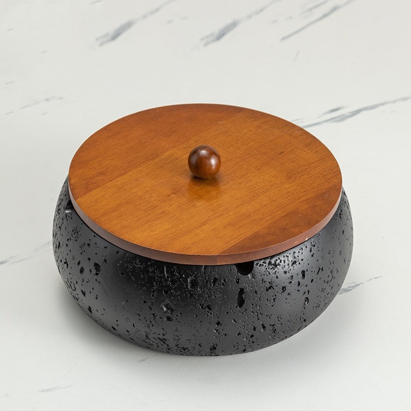 Covered Outdoor Ashtray With Wooden Lid