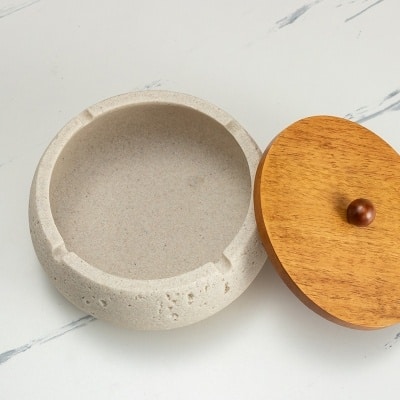 Covered Outdoor Ashtray With Wooden Lid For Patio