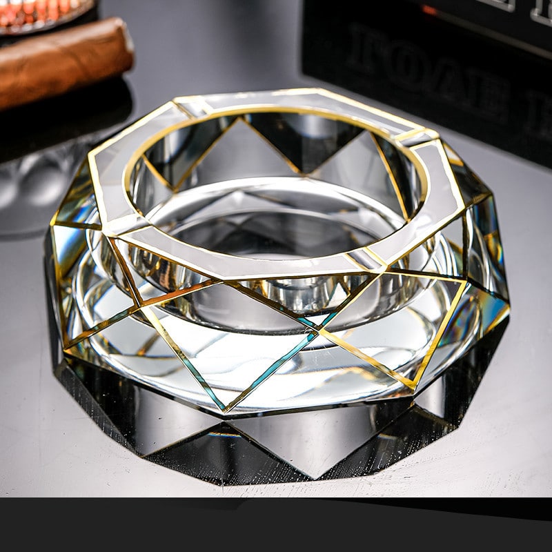 Crystal Glass Ashtray Diamond Shape With Golden Edges