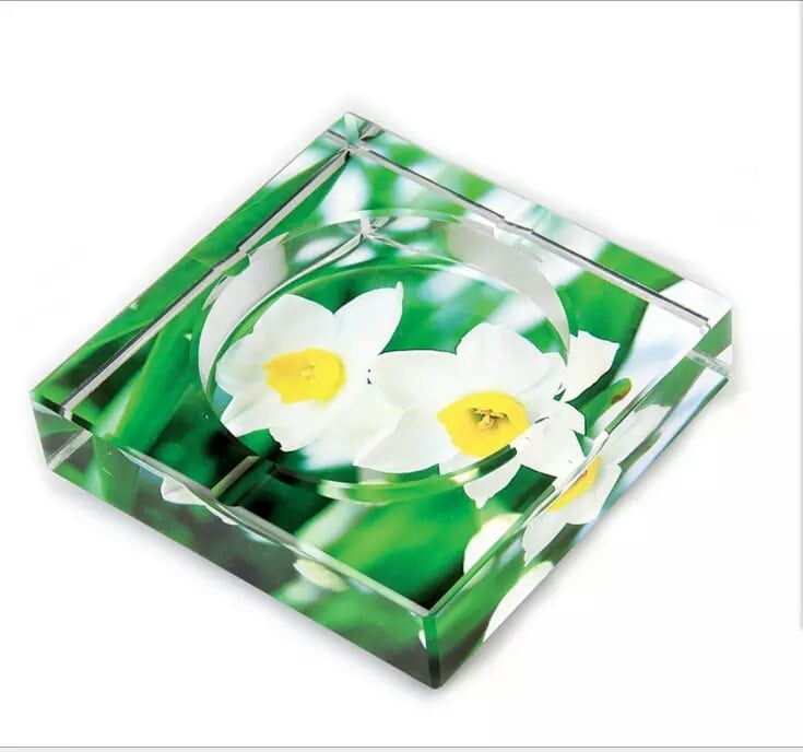 Crystal Glass Ashtray With Flowers Square Style