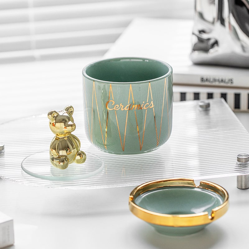 Cute Bear Ashtray Outdoor Ash Tray With Lid Green Ceramic
