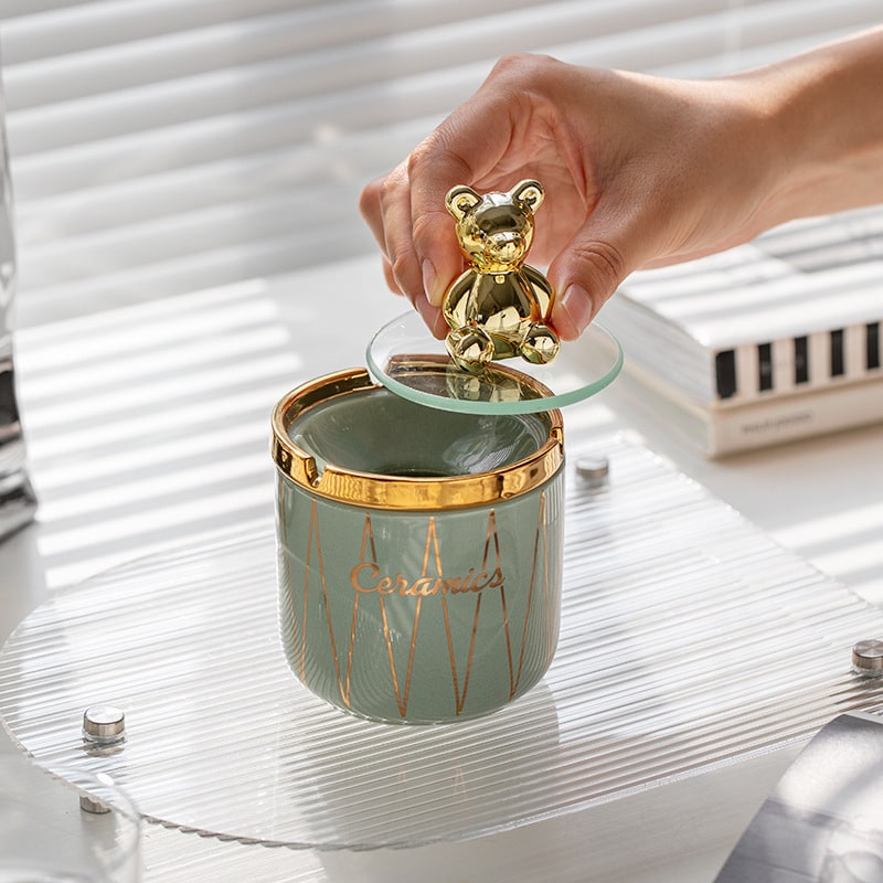 Cute Bear Ashtray Outdoor Ash Tray With Lid Green Ceramic Photo 2