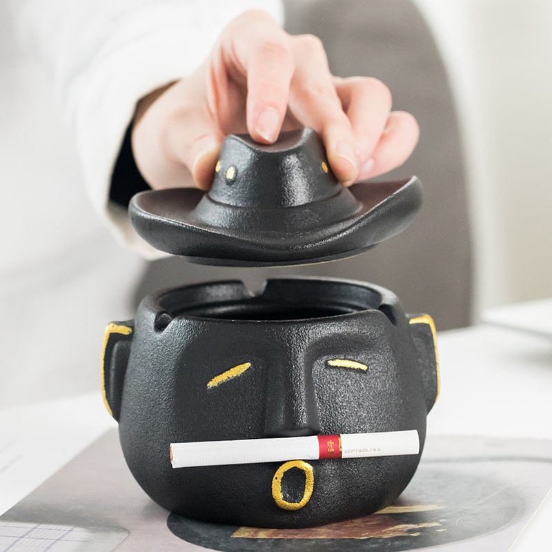 cute cowboy Ceramic Ashtray With lid in black color home decor