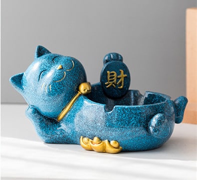 Cute Lucky Cat Ashtray Lying Cat Blue Resin