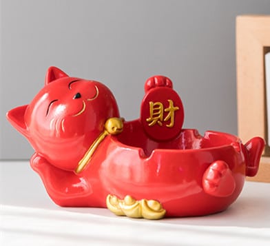 Cute Lucky Cat Ashtray Lying Cat Red Resin
