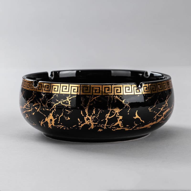 Elegant Black And Gold Ceramic Ashtray With Paintings