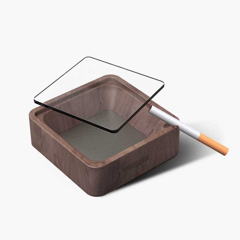 Elegant Walnut Ashtray Solid Wood With Glass Cover