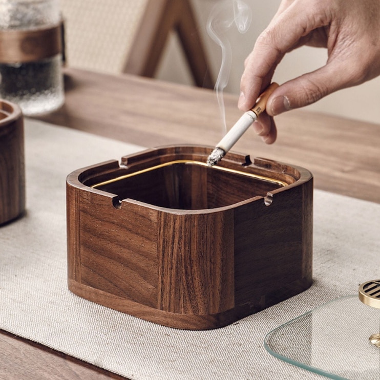 Elegant Wood Ashtray With Glass Lid Smokeless