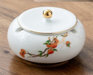 Classy Ceramic Ashtray - Flower Painted With Golden Lid