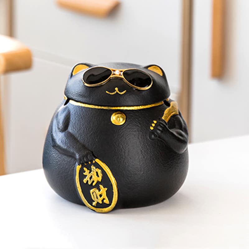 Fortune Cat Ashtray With Lid Black