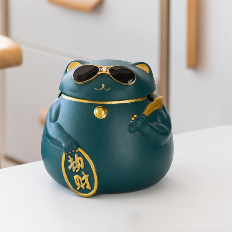 Fortune Cat Ashtray With Lid Green