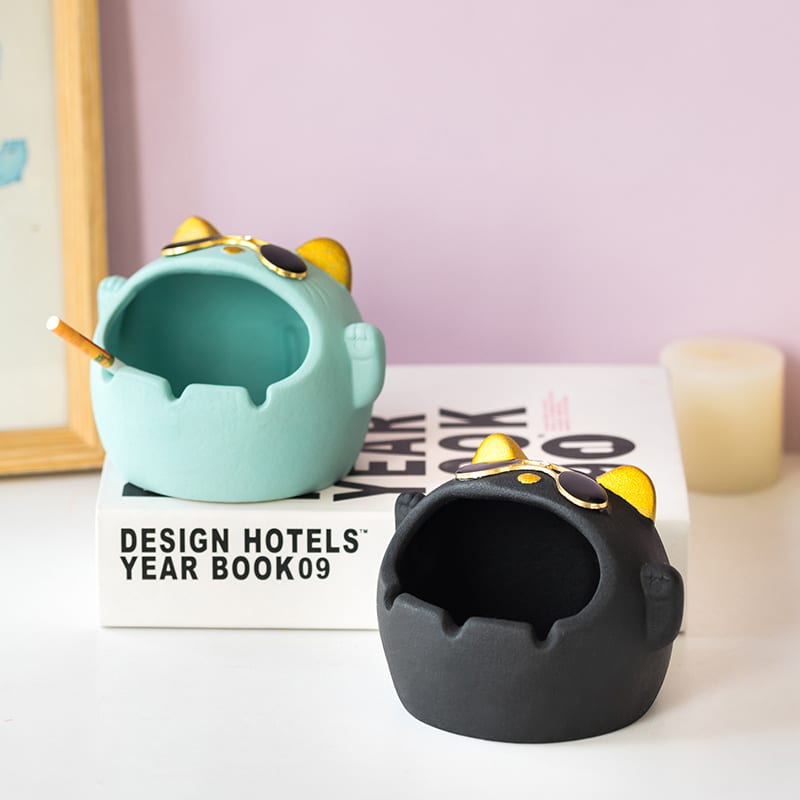 Fortune Cat Ashtrays Cyan And Black
