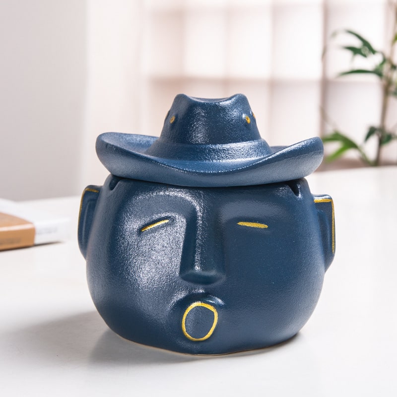 funny cowboy blue Ceramic Ashtray With Cover