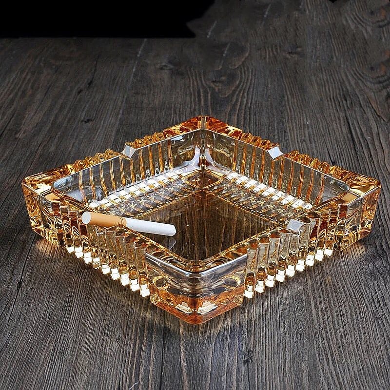 Golden Large Glass Ashtray With 4 Slots square shape
