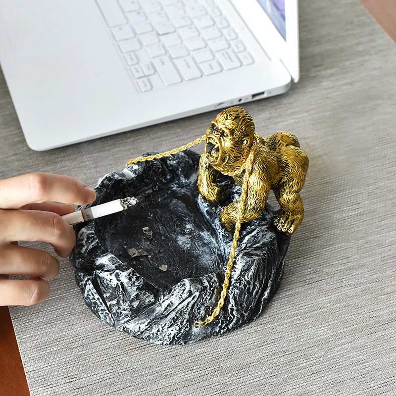 Gorilla Ashtray Resin Golden Crouching