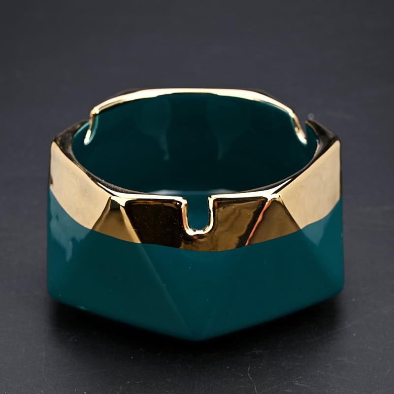 Green Ceramic Ashtray With Golden Border