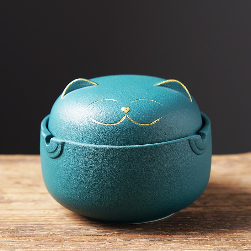 Green Smiling Cat Asthray With Closed Cover