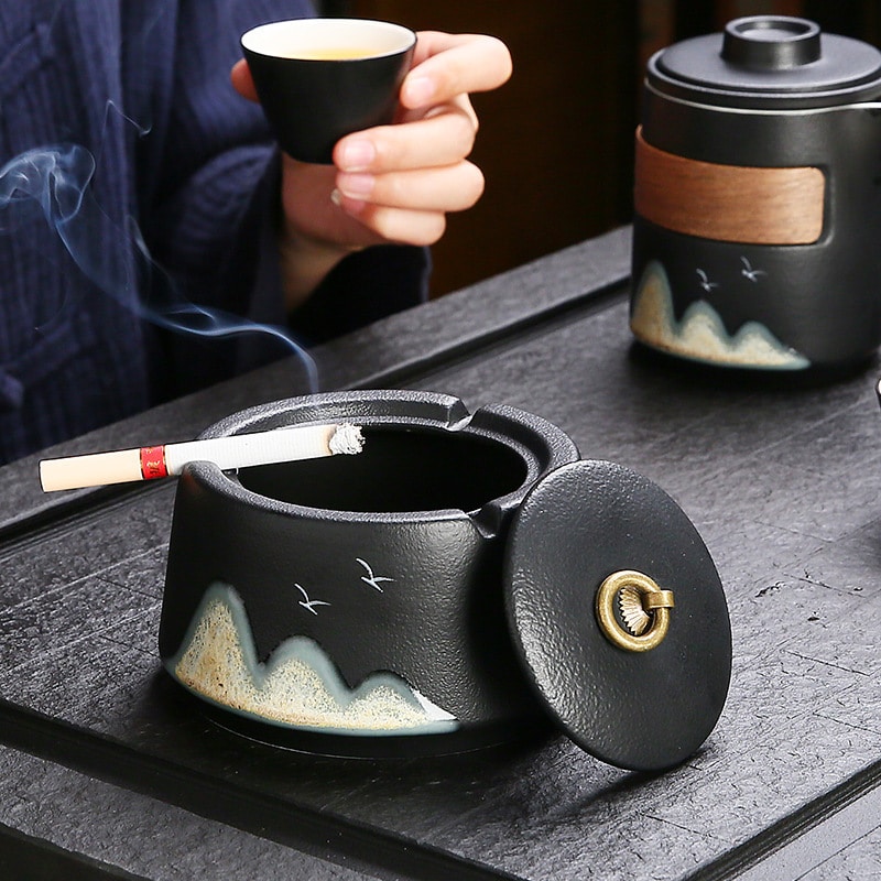 Japanese Ashtray With Lid Windproof For Outdoors Black Ceramic