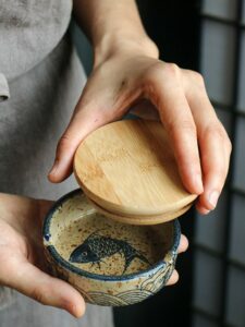 Japanese Outdoor Ashtray - Ceramic - With Wooden Lid