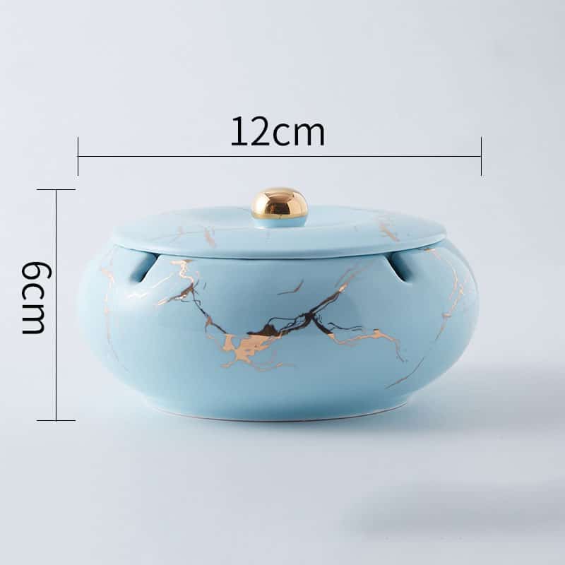 Large Ashtray With Lid For Outdoor Indoor Blue Ceramic With Gold