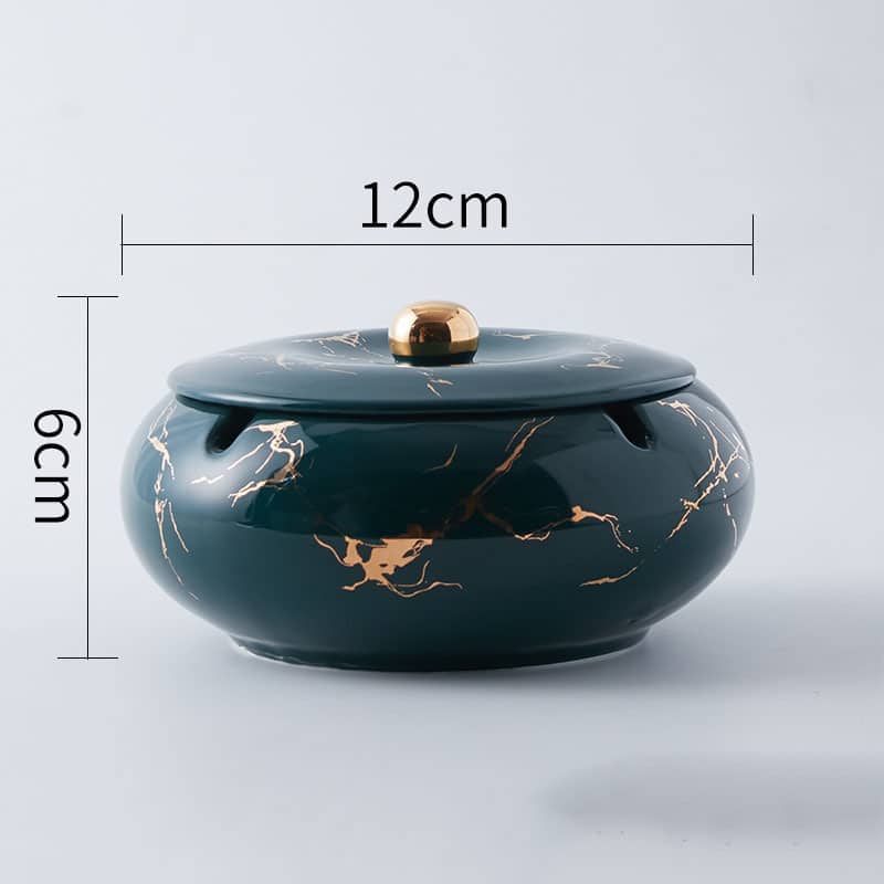 Large Ashtray With Lid For Outdoor Indoor Dark Green Ceramic With Gold