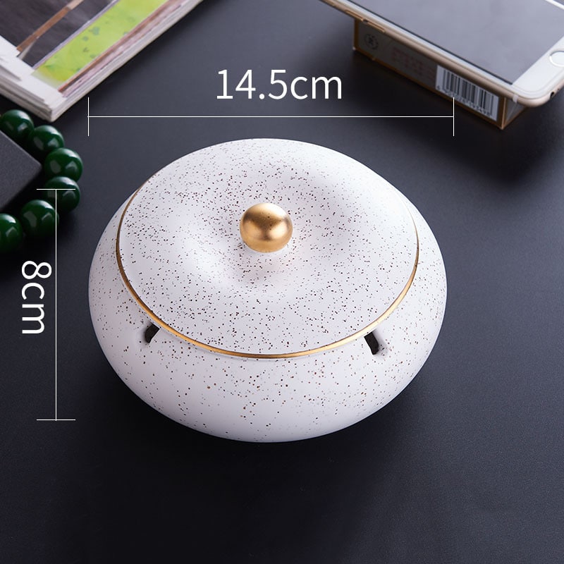 Large Ashtray With Lid For Outdoor Indoor White Ceramic Dotted