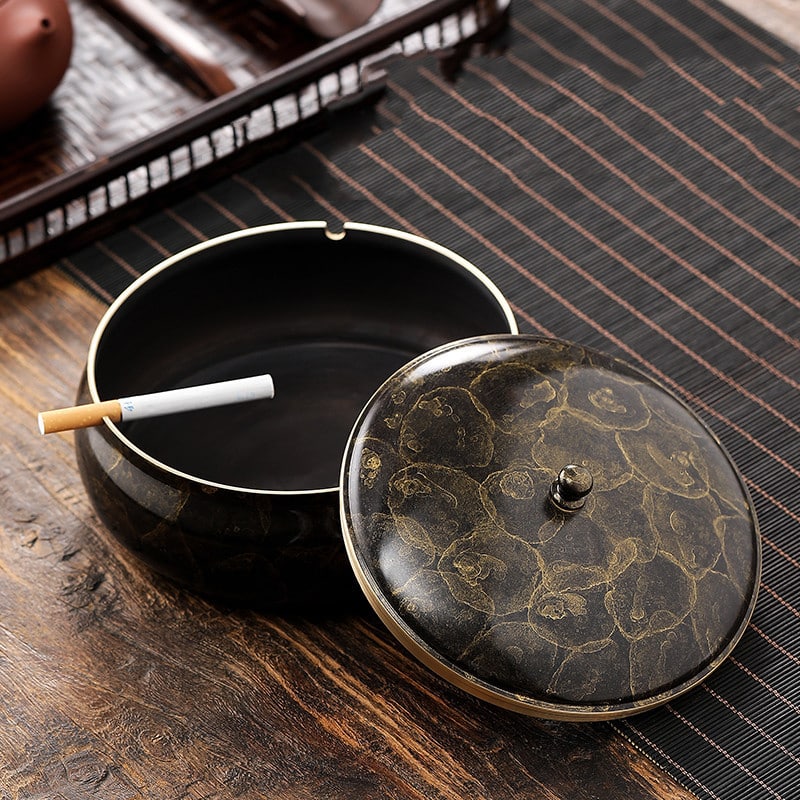 Large Black Metal Ashtray With Cover